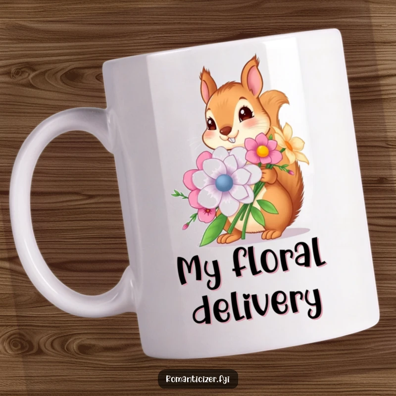 Funny mug featuring a cute squirrel holding a huge bouquet of colorful flowers with an eager expression, perfect gift for nature lovers.