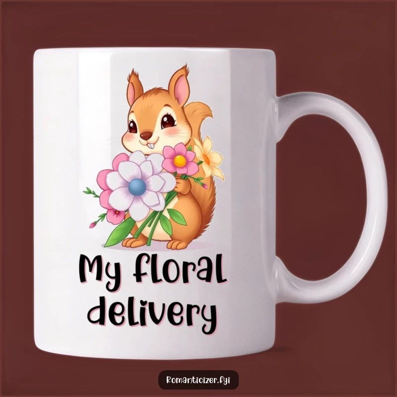 Funny Squirrel Flower Gift Mug - Adorable Rodent Offering Big Blooms, Perfect Present