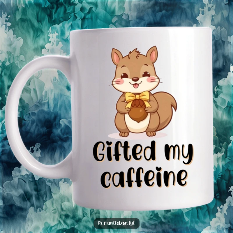 Funny squirrel mug showing a cheerful squirrel offering a ribbon-adorned acorn, symbolizing thoughtful giving and woodland charm.