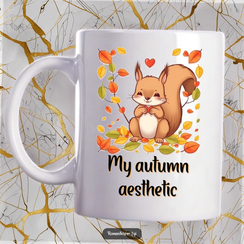 Funny squirrel mug crafting a heart from autumn leaves, showcasing its cute and artistic personality in a heartwarming scene.