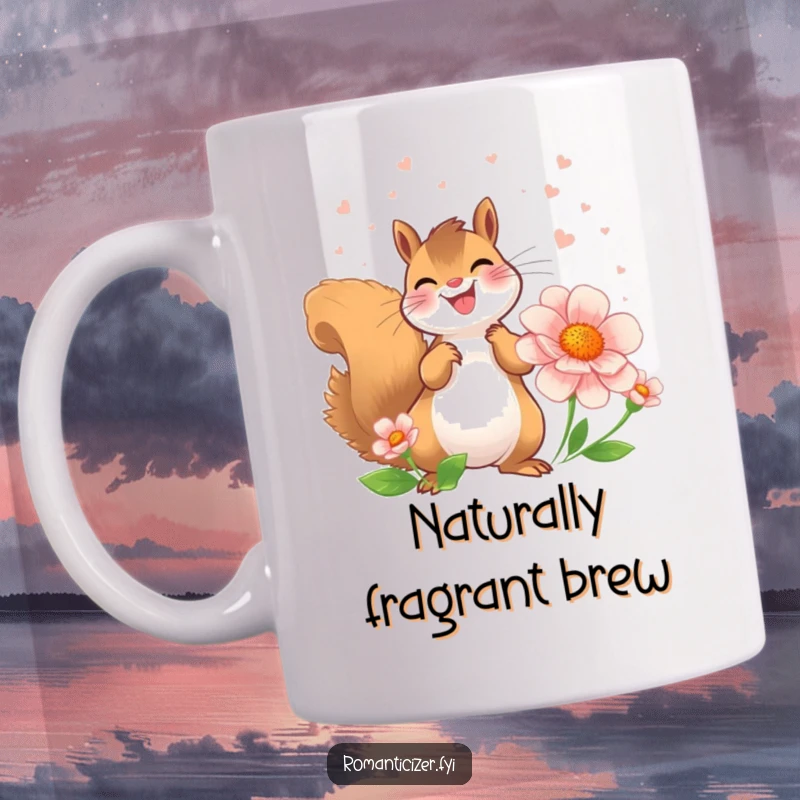 Funny Squirrel Mug showing a joyful squirrel showering a flower with sweet-smelling perfume, spreading happiness.