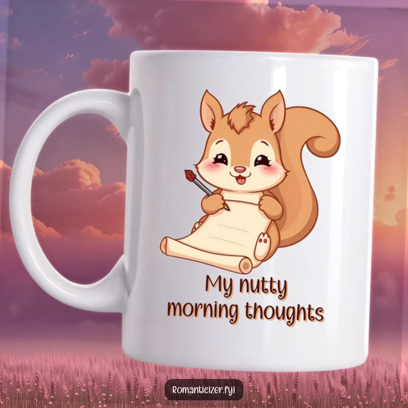 Funny mug, a smiling squirrel diligently writing poetry on a scroll with a quill, looking scholarly and humorous.
