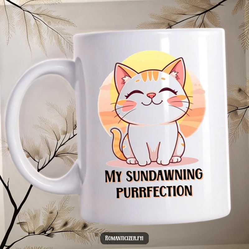 Funny cat mug with a whimsical smile gazing at a beautiful sunset, evoking peace and happiness.