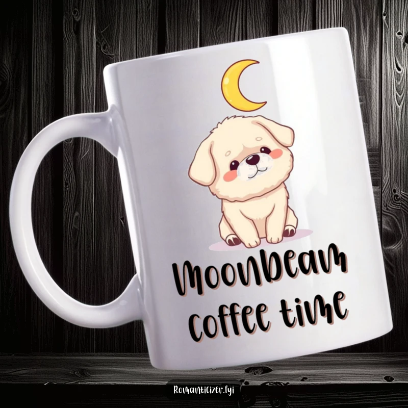 Funny dog moon mug showing a fluffy dog gazing adoringly at a crescent moon in the night sky. Whimsical and humorous gift.