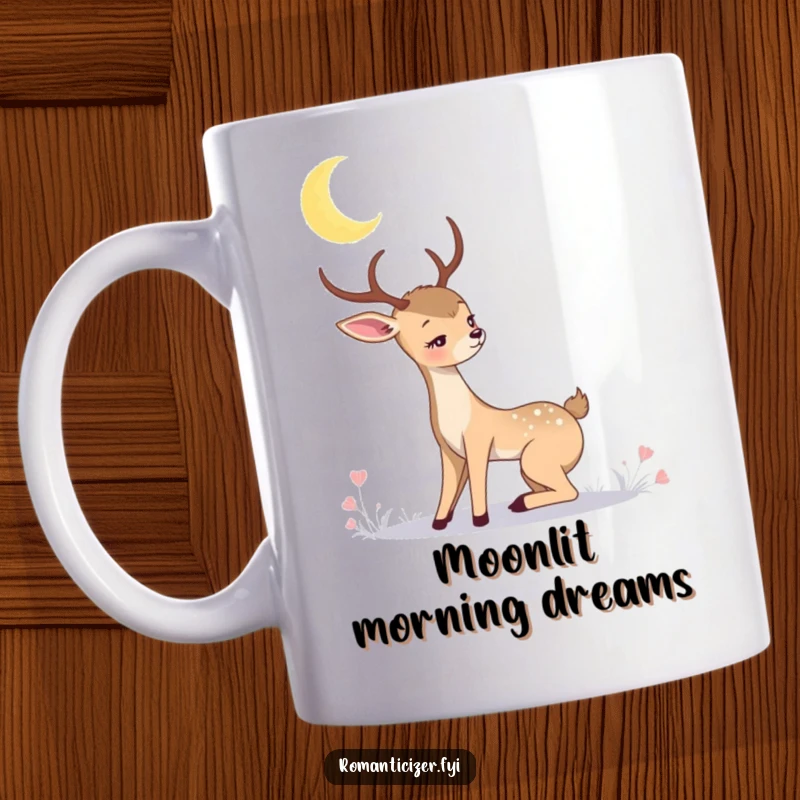 Romantic deer mug with a graceful deer gazing longingly at a luminous crescent moon in a starry night sky. Evokes tranquility and wonder.