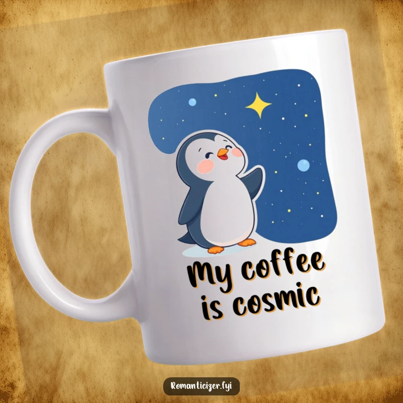 Funny delighted penguin mug gazing upwards at a beautiful starry night sky, expressing awe and wonder.