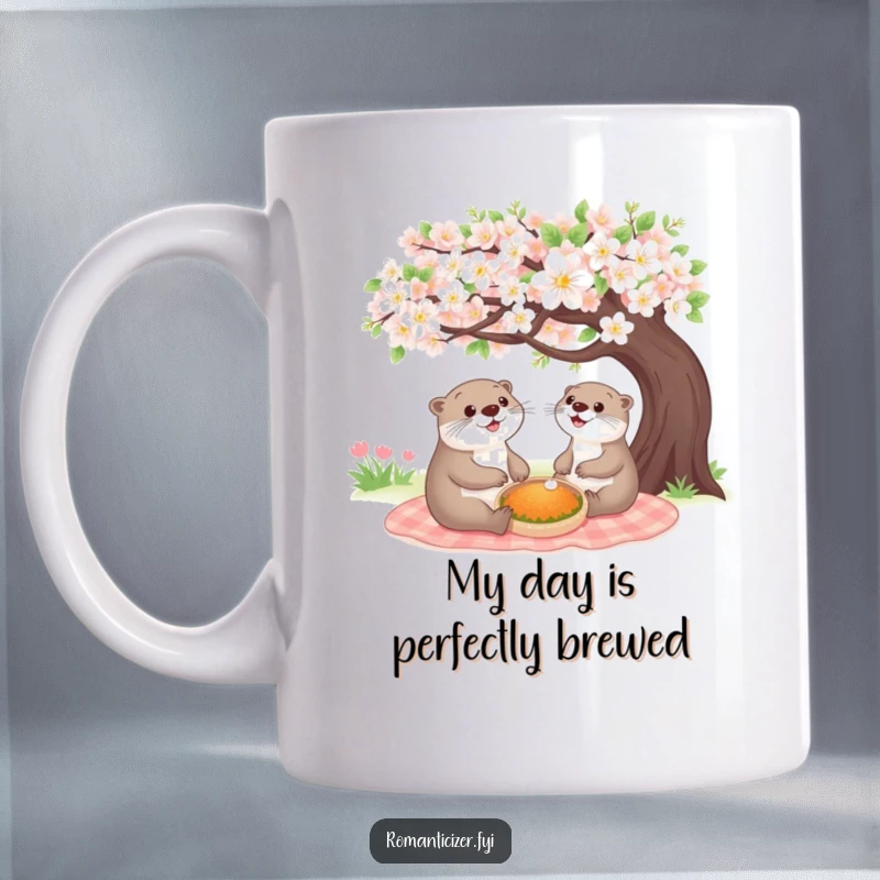 Funny cheerful otter mug with a happy animal sharing a picnic under a blooming tree, exuding joy and friendship.