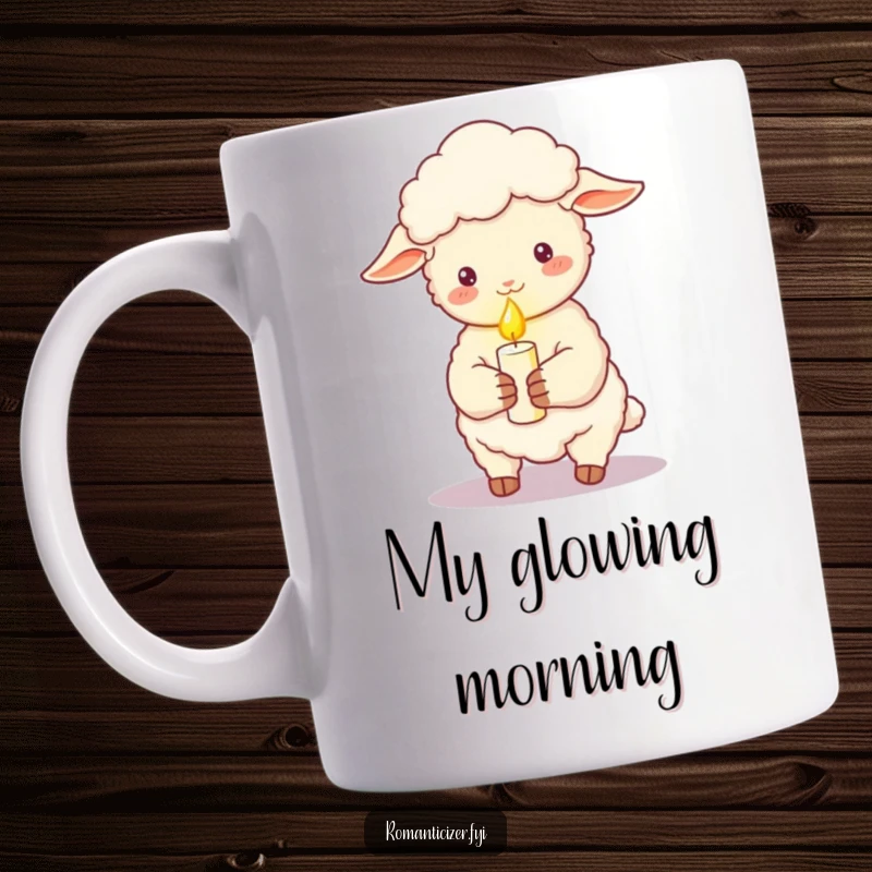Funny sheep mug holding a lit candle, casting a soft romantic glow, perfect for cozy evenings and sheep enthusiasts.