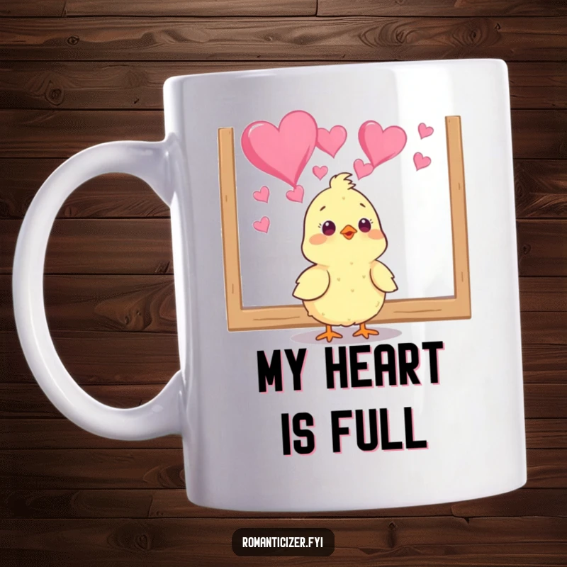 Funny chick mug with a cute bird adoring a heart painting, expressing pure joy and artistic appreciation. A humorous gift.