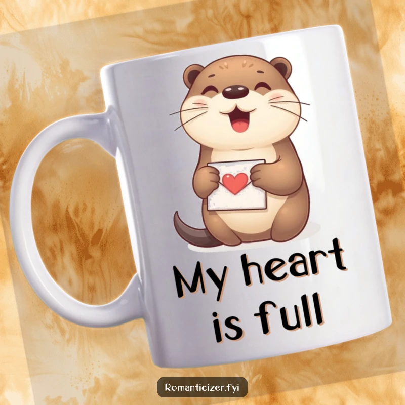 Funny Otter Mug showing a happy otter tenderly clutching a tiny love letter to its chest, radiating pure affection.