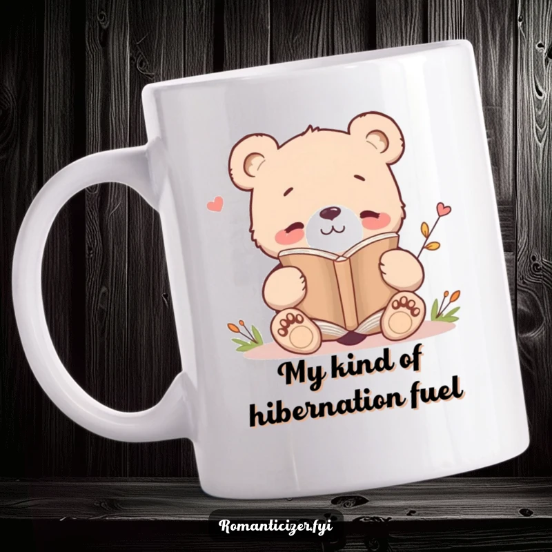 Funny mug featuring a smiling bear cub engrossed in reading a poetry book, radiating pure contentment and bookish joy.