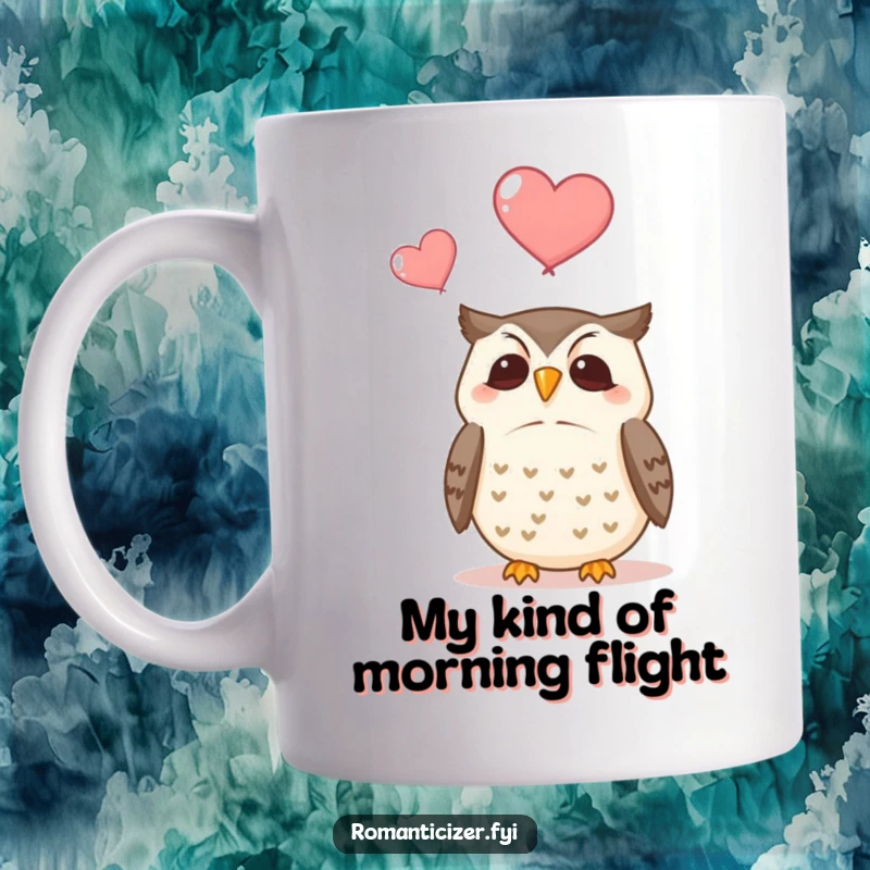 Funny mug featuring a serene owl with a contented expression, watching two red hearts float upwards into a soft sky.