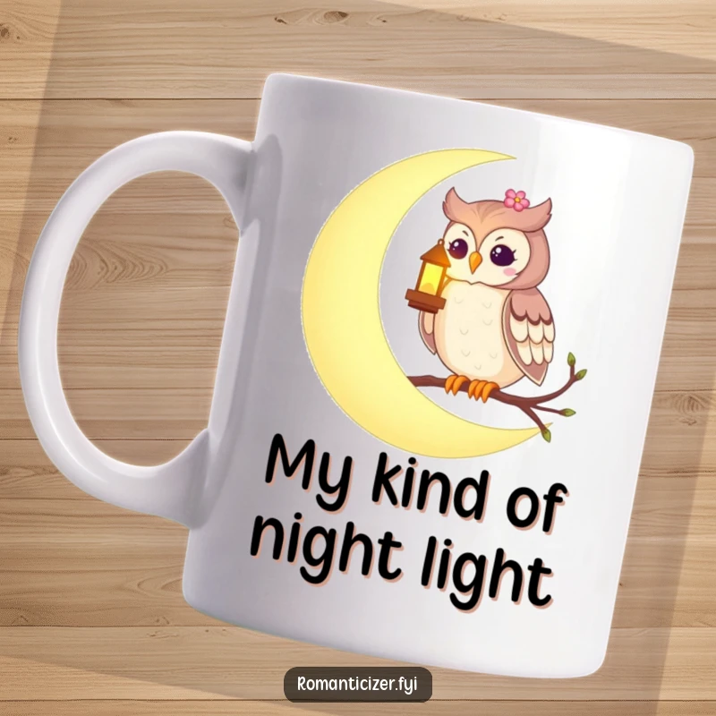Funny mug featuring a romantic owl perched on a crescent moon holding a glowing lantern, evoking a magical, starry night.