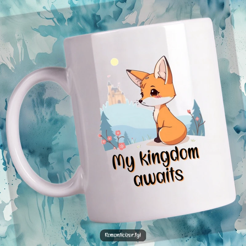 Funny mug featuring a charming fox gazing wistfully at a distant, glowing castle.