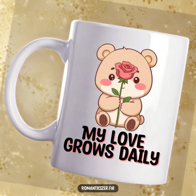 Funny mug featuring a small bear with a rosy blush, dreamily presenting a single red rose with a hopeful expression.