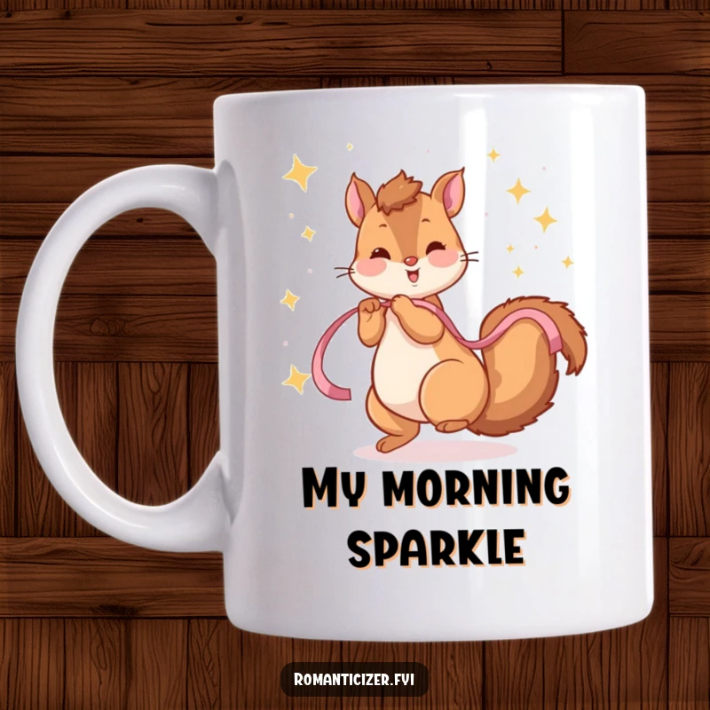 Funny mug featuring a playful squirrel twirling joyfully with a ribbon, surrounded by a magical shower of sparkling stars.