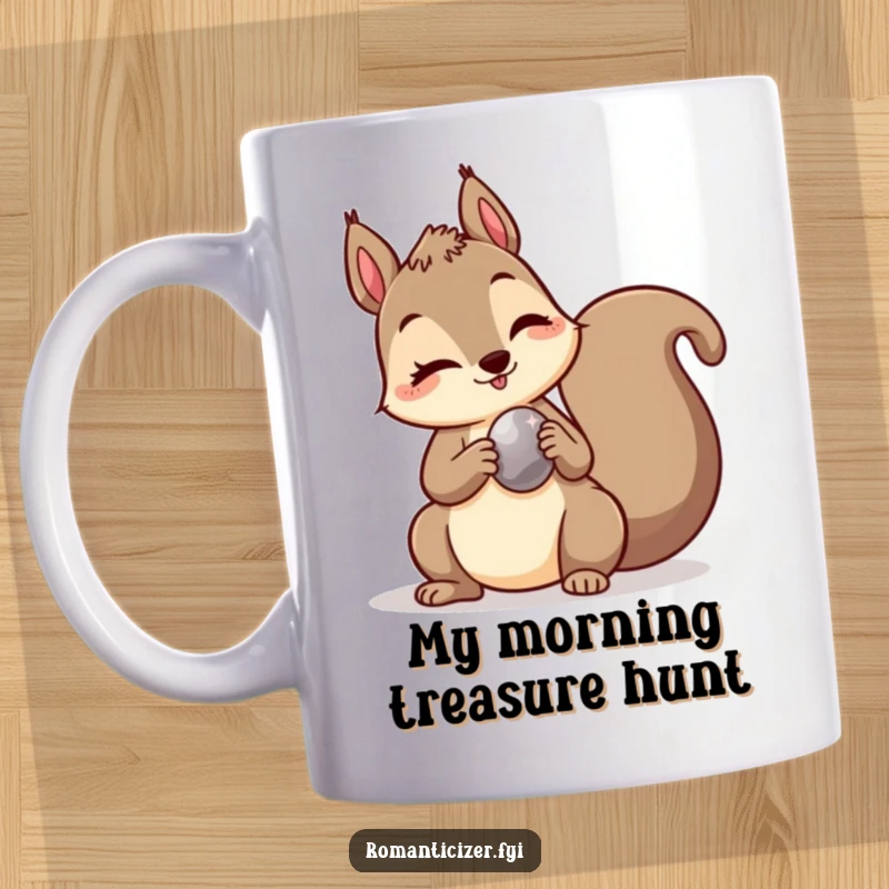 Funny mug featuring a mischievous squirrel winking as it offers a shiny pebble, symbolizing playful generosity and unique gifts.