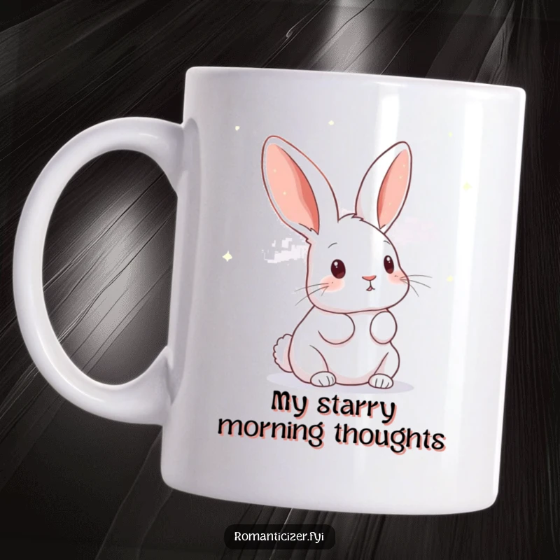 Funny rabbit mug featuring a curious bunny gazing upwards at a dark sky filled with small, twinkling stars.