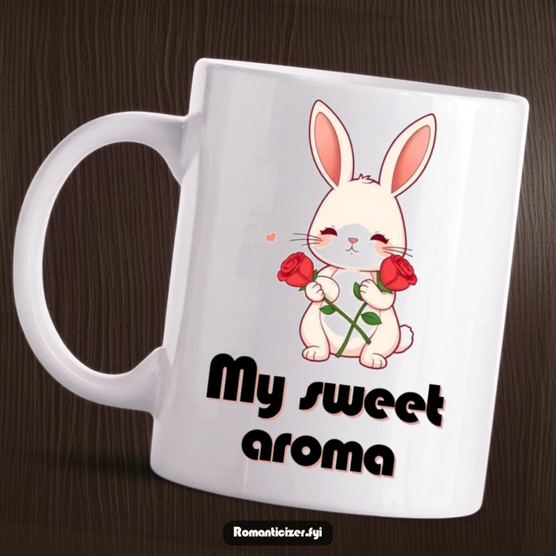 Funny mug featuring a cute bunny holding a red rose, gazing dreamily, embodying sweet and humorous affection.