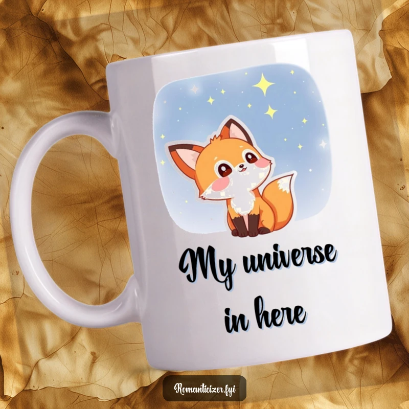 Funny fox mug with swirling stars in its wide, delighted eyes, gazing up at a beautiful night sky. A whimsical and magical accessory.