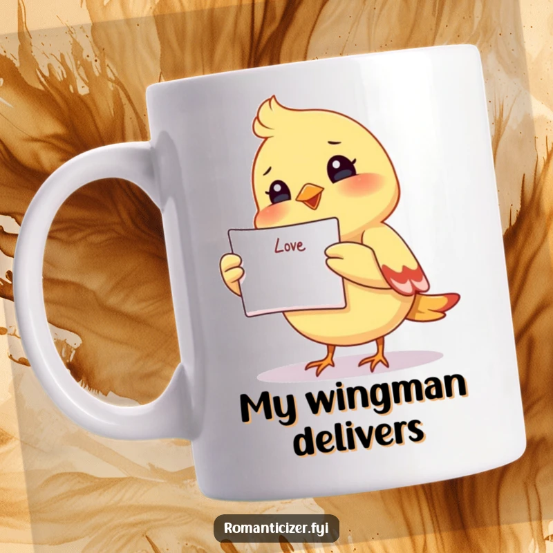 Funny mug with a small, smiling bird holding a love letter high, delivering a sweet and romantic message with joy.