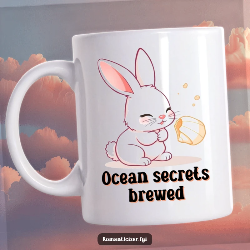Funny Rabbit Mug showing a curious rabbit listening with delight to a whispering seashell, capturing a moment of wonder.