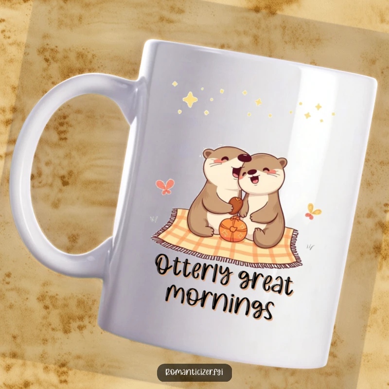 Funny mug featuring a cheerful otter enjoying a picnic under a beautiful starry night sky.