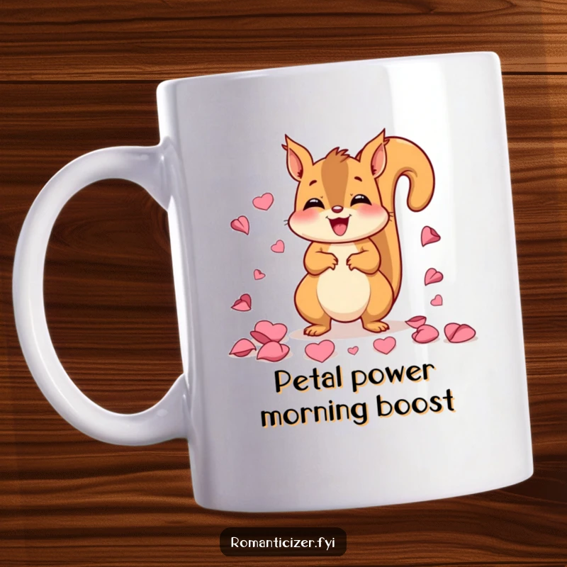 Funny mug featuring a happy squirrel joyfully scattering pink rose petals with a wide, delighted expression, spreading love.