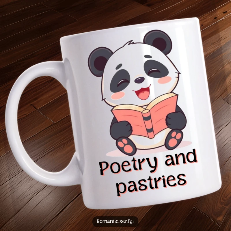 Funny Panda Mug showing a giggling panda with a radiant smile engrossed in reading a poetry book.