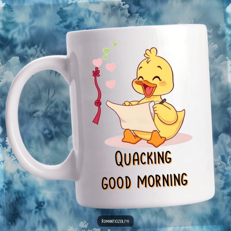 Funny mug featuring a delighted duckling writing a love poem on a scroll, embodying romantic humor and creative expression.
