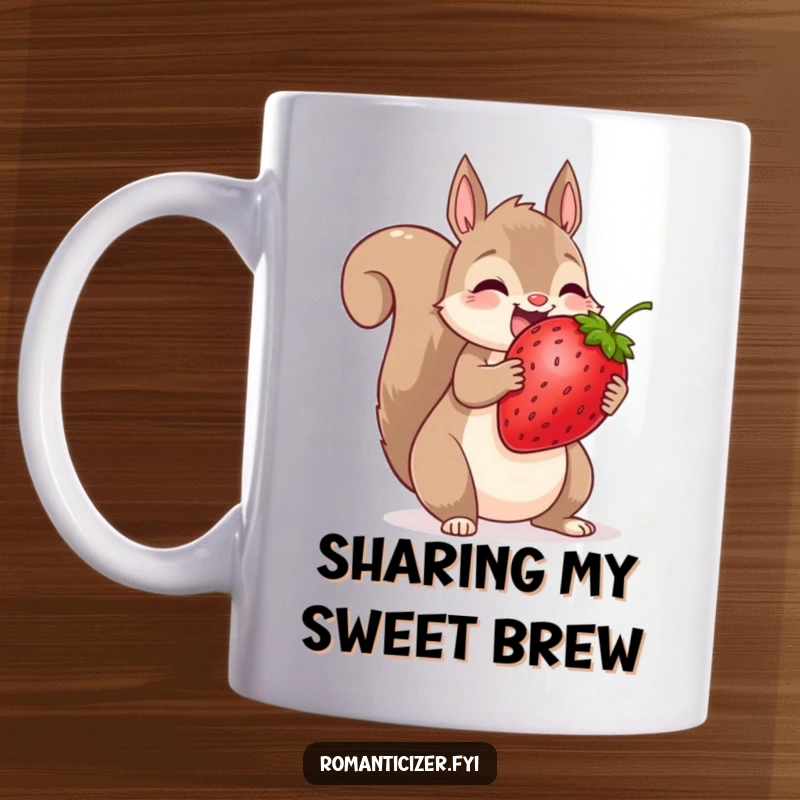 Funny squirrel mug showing a happy squirrel sharing a huge strawberry, a humorous depiction of sharing and joy.