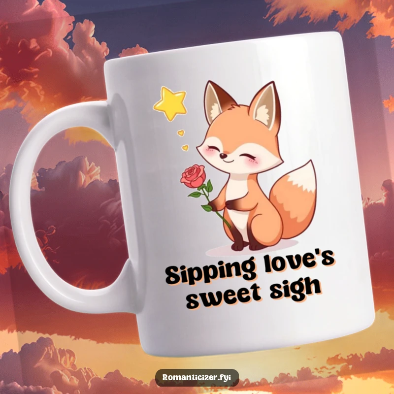 Funny fox mug, showing a happy fox holding a rose, sighing dreamily while gazing towards a distant, twinkling star.