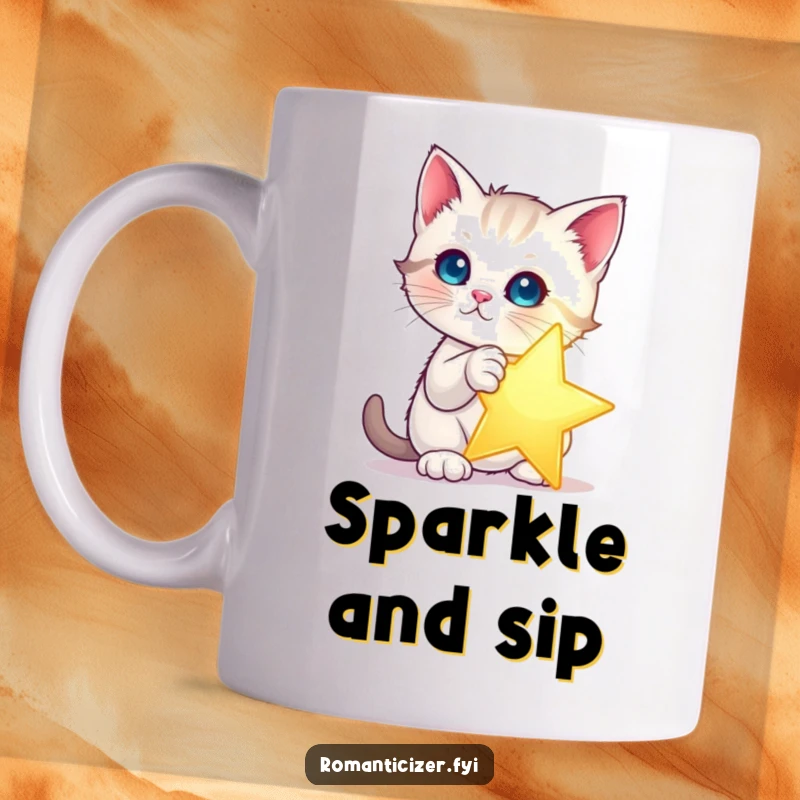 Funny kitten star mug showing a kitten dramatically posing with a single, glowing star in the night sky. Magical and humorous gift.