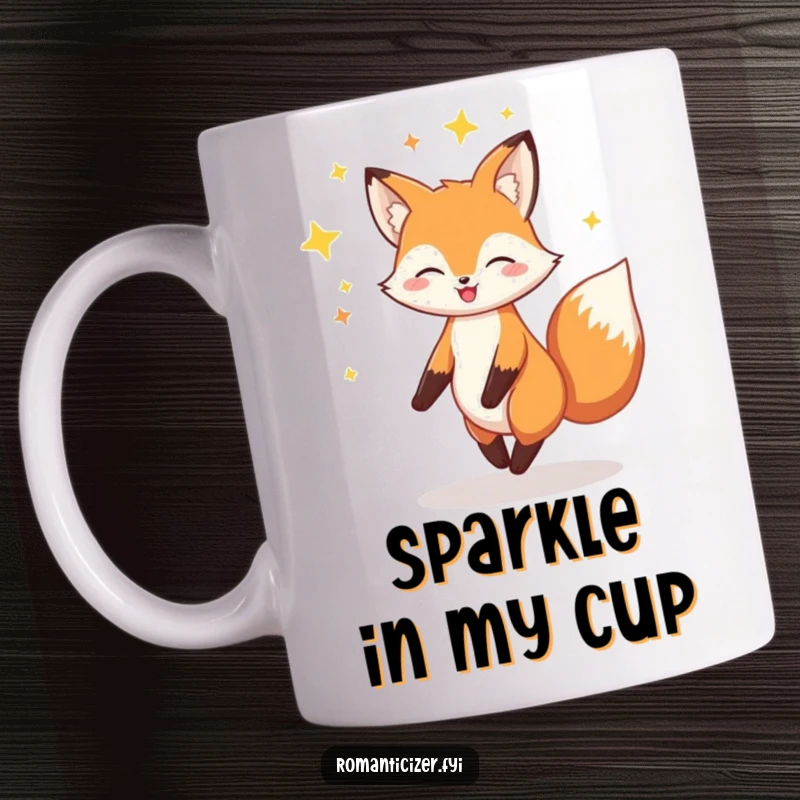 Funny Fox Mug: A cheerful fox joyfully twirls, surrounded by a sparkling halo of stars, radiating pure delight and magic.