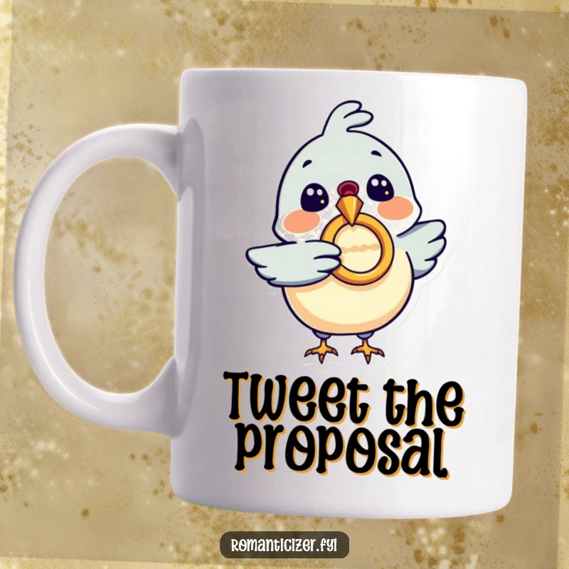 Funny mug featuring an excited bird holding a shiny ring in its beak, symbolizing love and commitment, great funny gift.