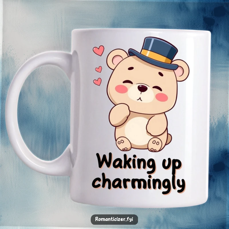 Funny mug featuring a sophisticated bear in a top hat blowing a kiss with a playful wink, full of charm.