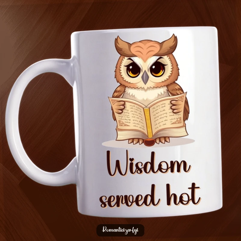 Funny owl mug showing a wise owl deeply engrossed in reading an ornate poetry book, a humorous depiction of literary pursuits.