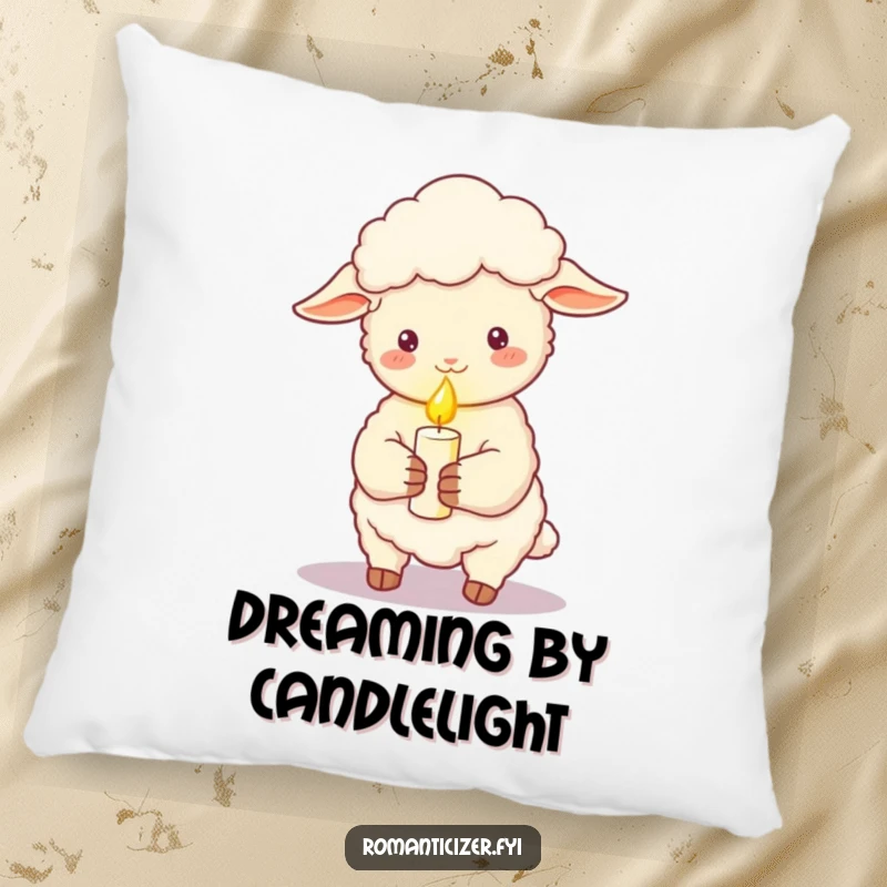 Funny sheep pillow holding a lit candle, casting a soft romantic glow, perfect for adding comfort and whimsy to any room.