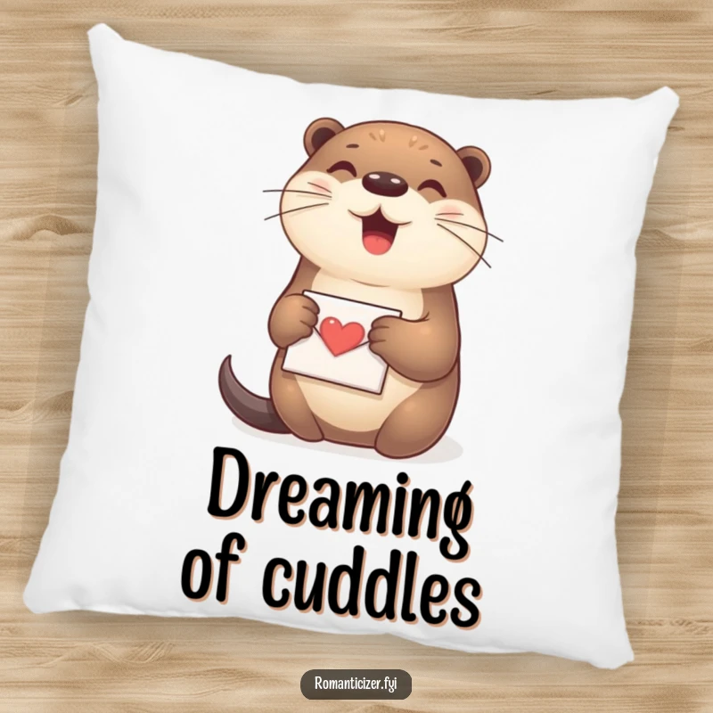 Funny Otter Pillow showing a happy otter holding a small love letter, perfect for cozying up with.