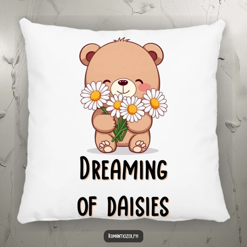 Funny pillow with a charming bear holding oversized daisies and a shy grin, offering a soft, sweet decorative touch.