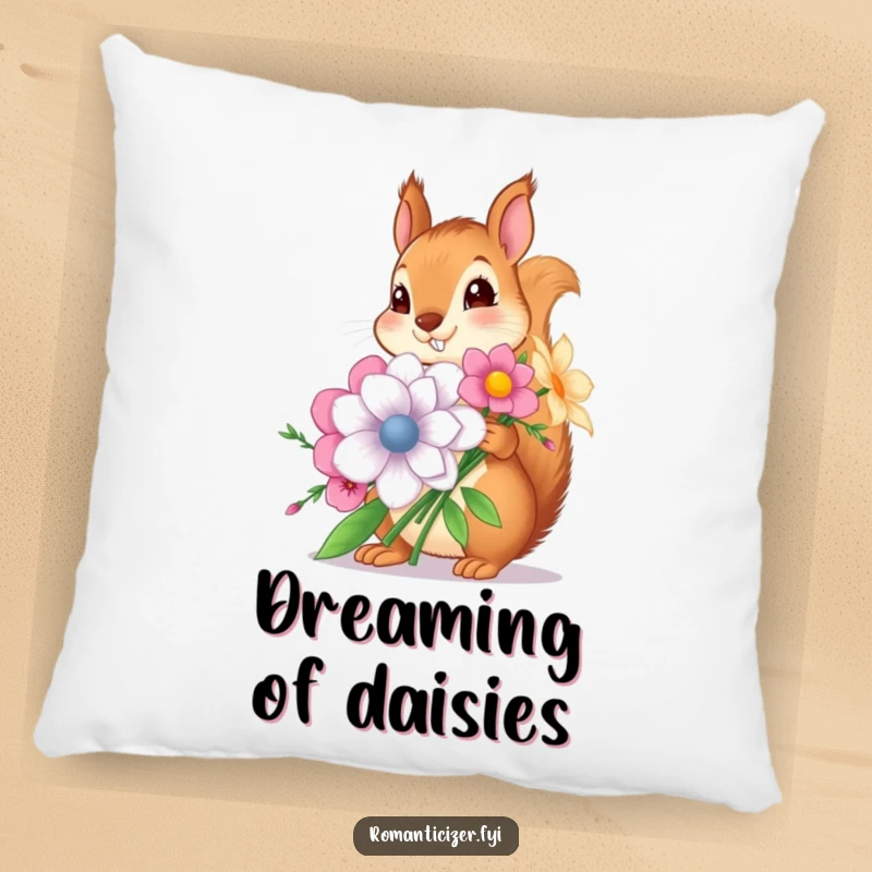 Funny pillow with a charming squirrel presenting a massive flower arrangement, soft and decorative, ideal funny gift for couch decoration.