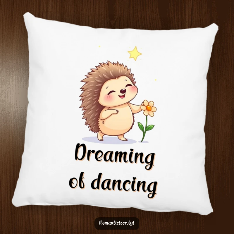 Funny hedgehog pillow featuring a happy hedgehog dancing under starlight with a flower, providing a soft, whimsical decorative touch.