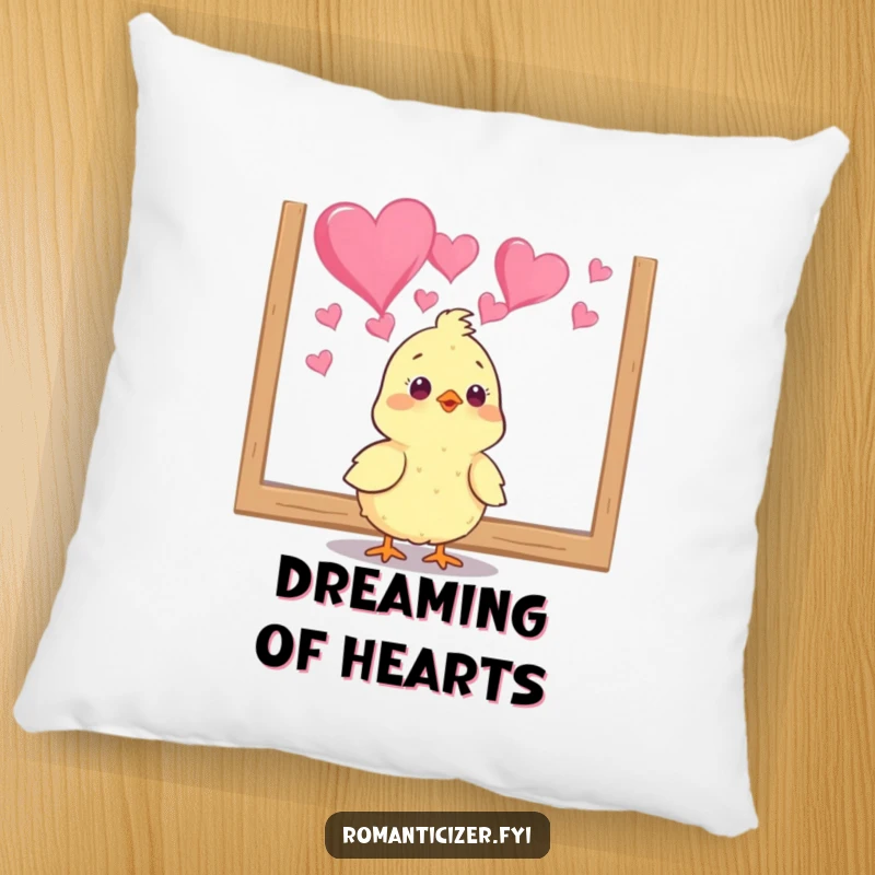 Funny chick pillow with a cute bird mesmerized by heart art, offering comfort and a touch of humor. Perfect gift.