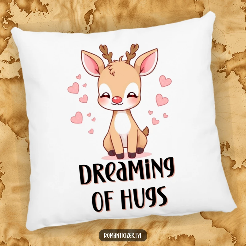 Funny deer kiss pillow with a gentle deer blowing a kiss and tiny hearts, conveying love and tenderness.
