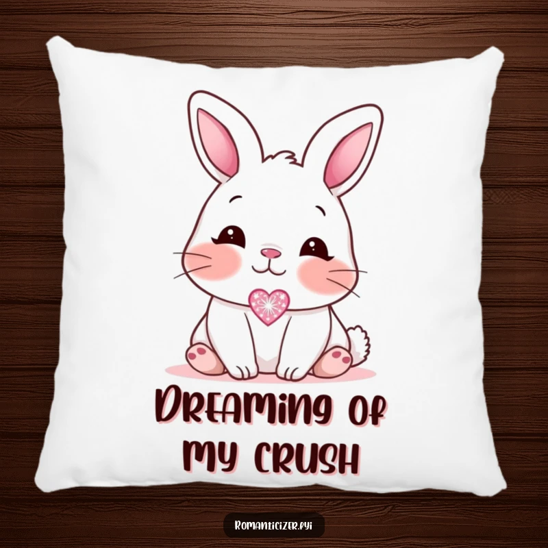 Funny blushing bunny pillow, showing a sweet bunny looking affectionately at a small, sparkling heart icon, bringing comfort and adorable charm.