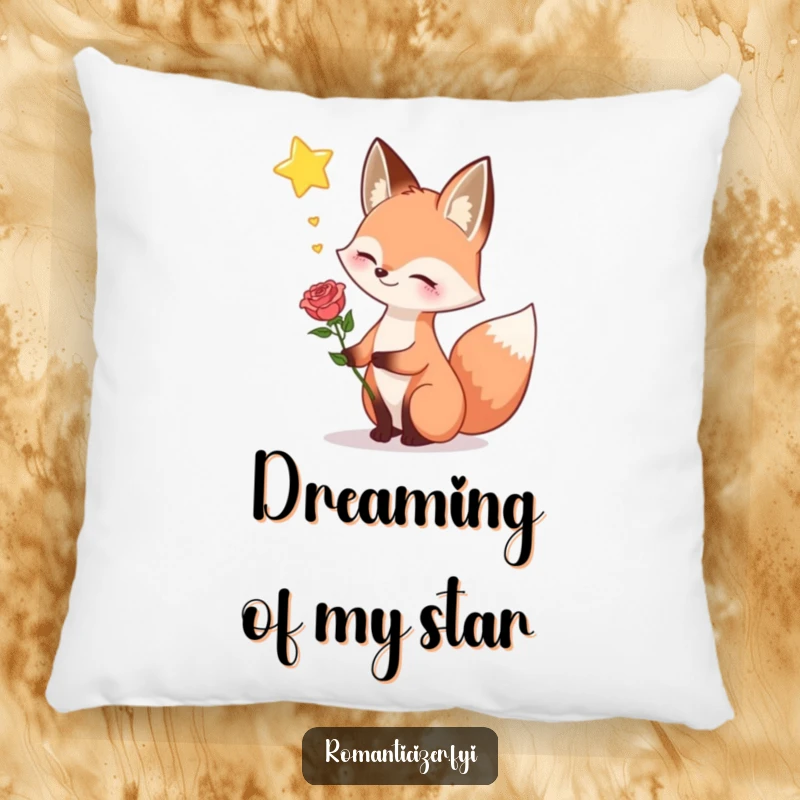 Funny fox pillow, showing a happy fox holding a rose, sighing dreamily towards a star, bringing comfort and romantic whimsy.