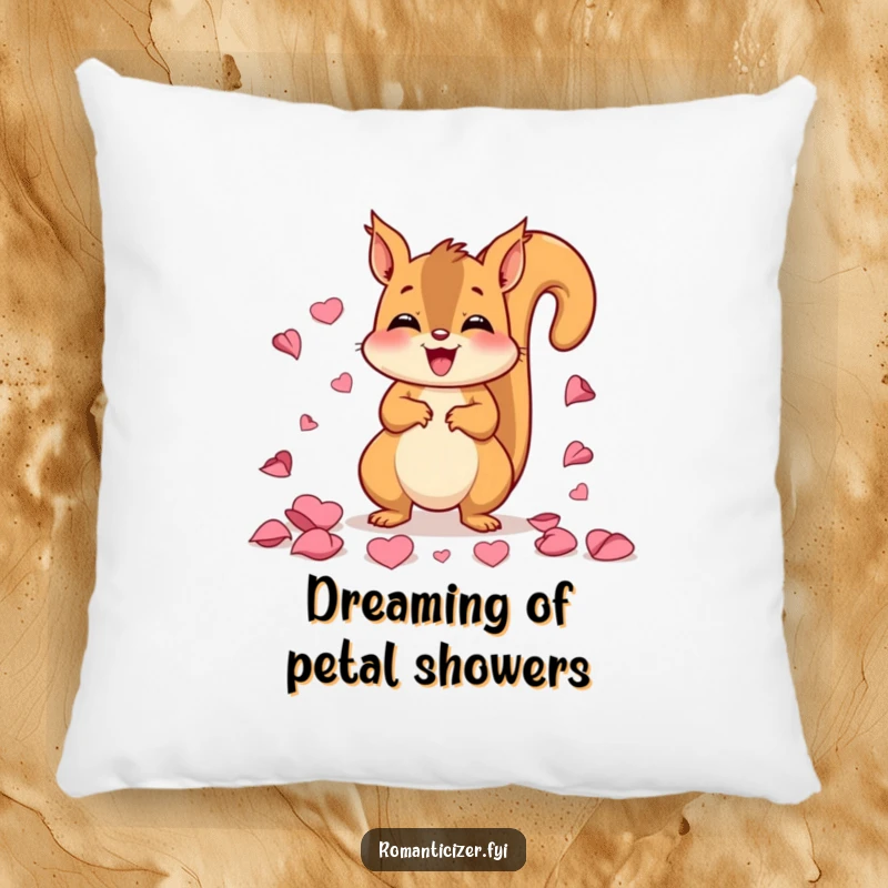 Funny pillow featuring a delighted squirrel scattering pink rose petals, offering a soft and humorous decorative touch.