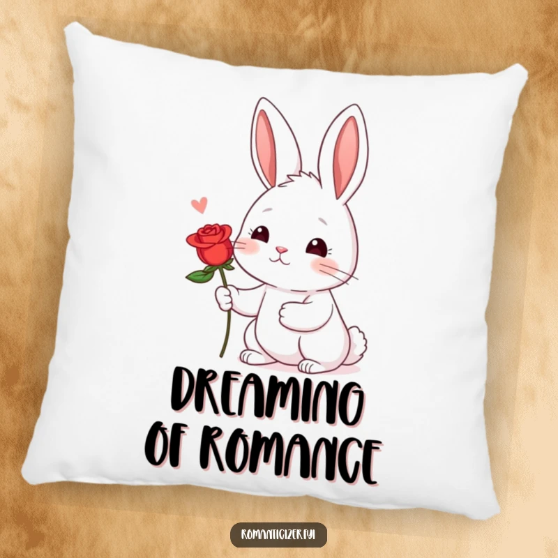 Funny Shy Rabbit Rose Pillow: A shy rabbit offers a red rose, blushing hopefully, adding cozy and sweet charm.