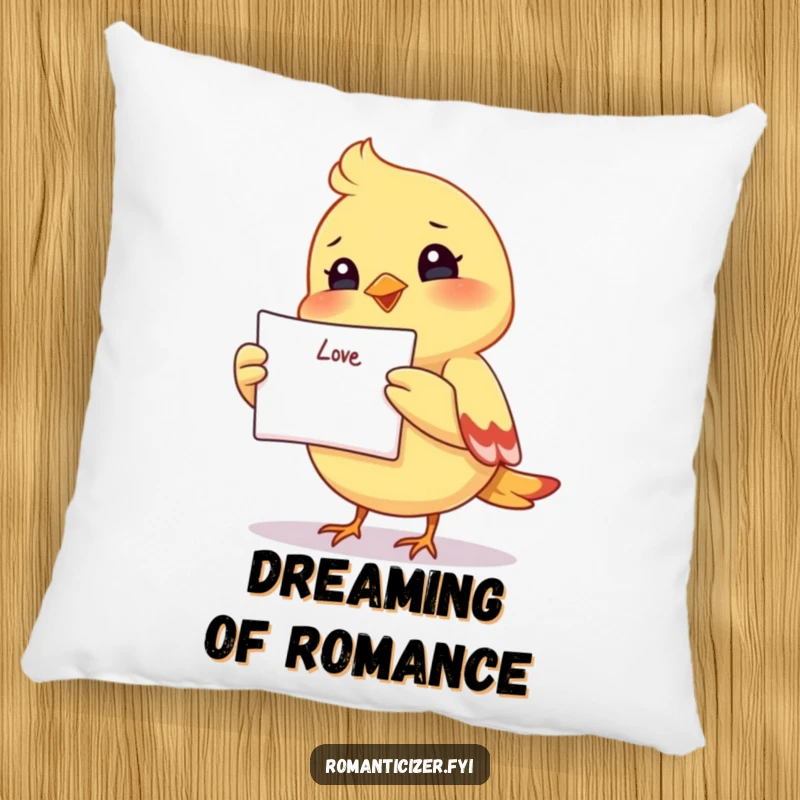 Funny pillow with a happy small bird holding a love letter, perfect for adding comfort and a touch of romance.