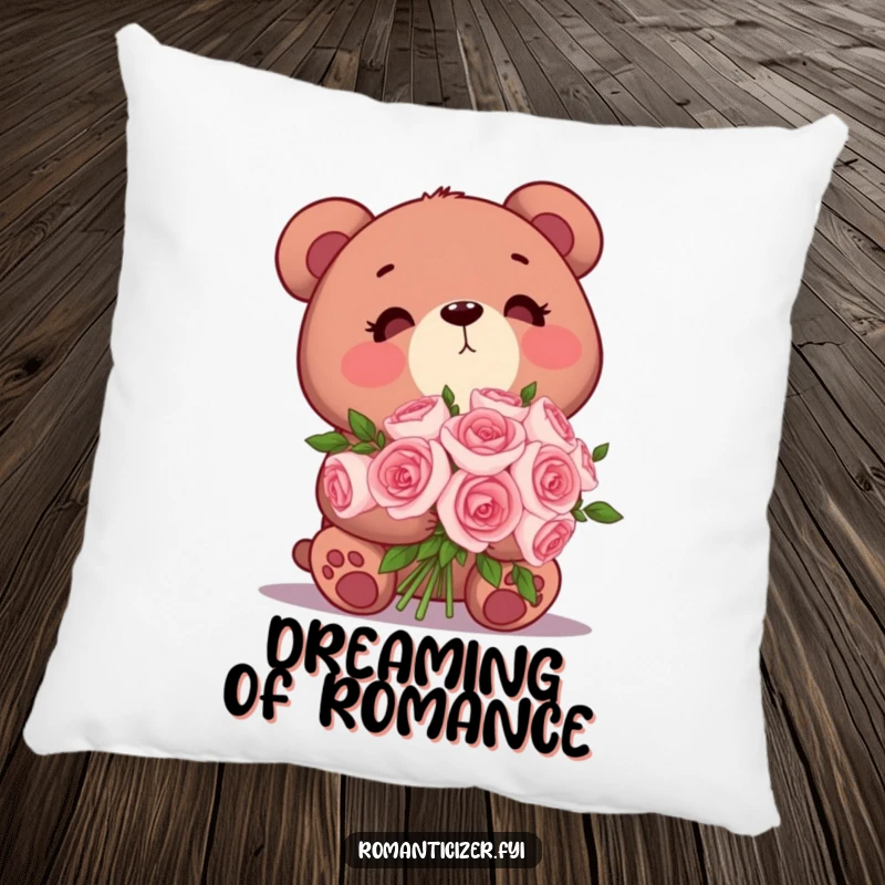 Funny Bear Pillow: A cute bear holding roses looks dreamily upwards, offering sweet comfort and romantic humor.